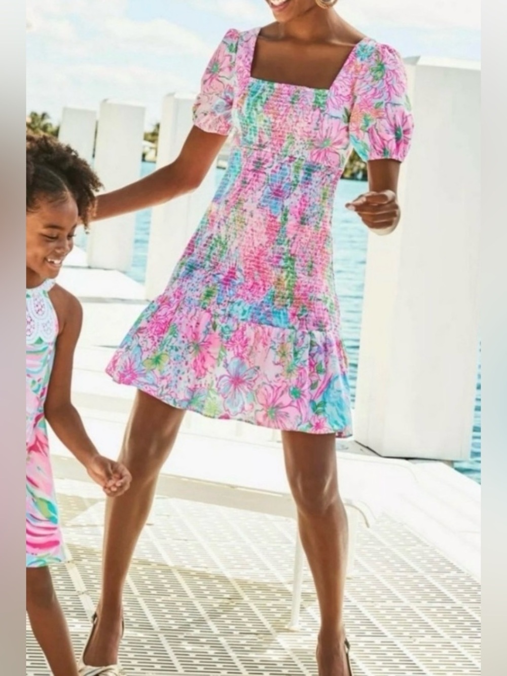 Lilly Pulitzer Evelina in Paradise Found floral short sleeve smocked mini dress